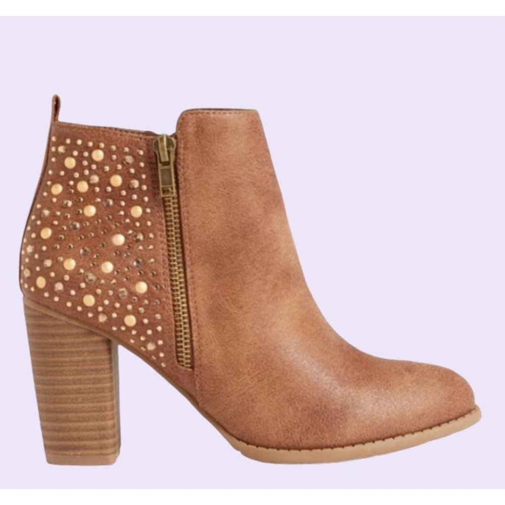 MAURICES  Brandy Brown Faux Leather Gold Studded Stacked Heel Ankle Boots 7.5